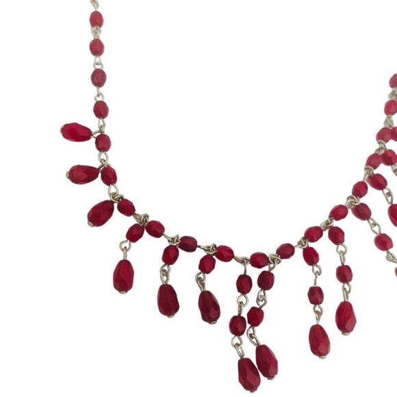 Red Beaded Fringe Silver Tone Necklace - Picture 2 of 3